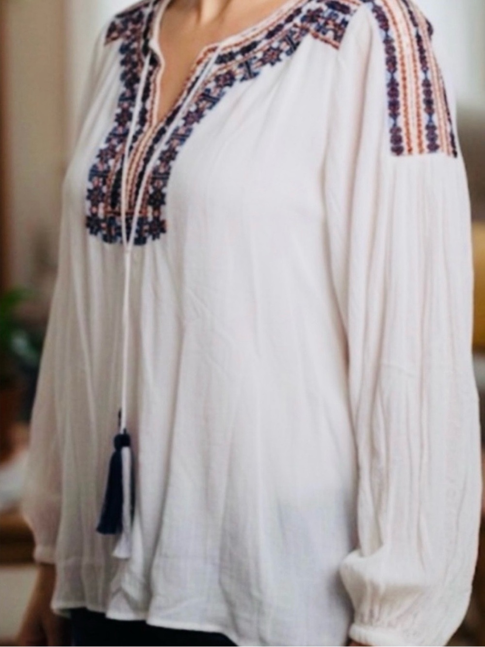 Soft Surroundings Boho Embellished Tunic M Long Cut Out Sleeves Tassels